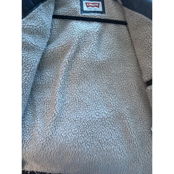 Levis Mens Black Faux Leather Sherpa Trucker Jacket Size S Bomber Full Zip - Picture 9 of 13